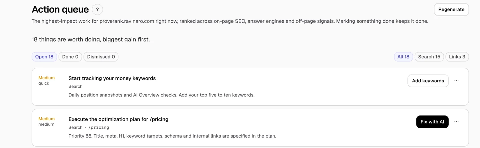 ProveRank action queue: fixes ranked by impact, with a Fix with AI button