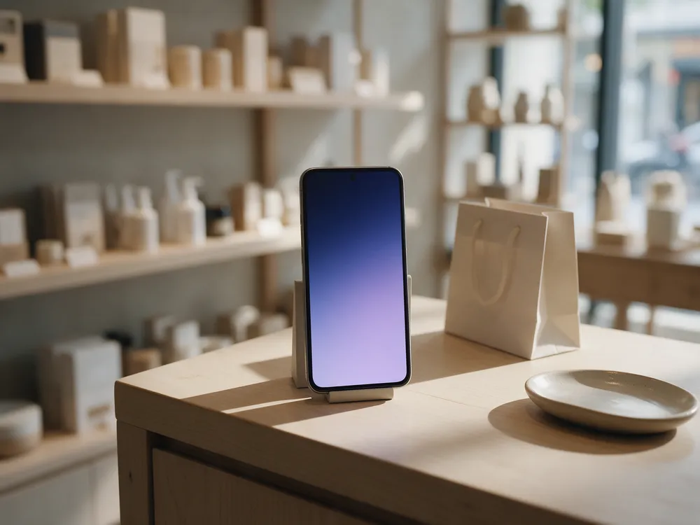 A phone on a shop counter, ready to ask an AI assistant