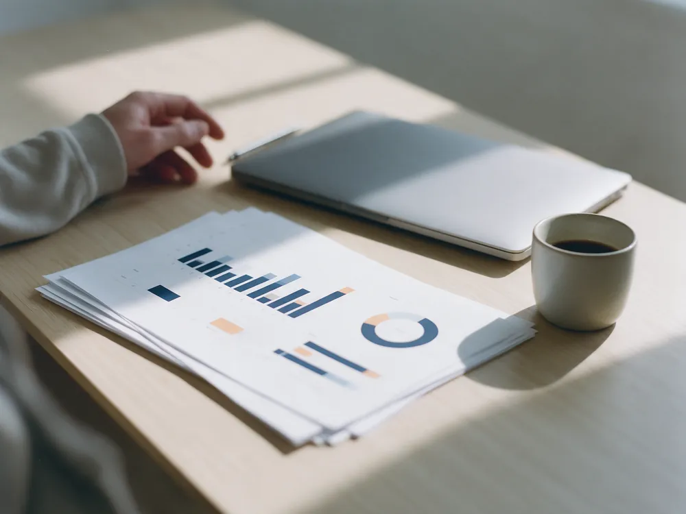 A printed report with charts on a table beside a laptop and coffee
