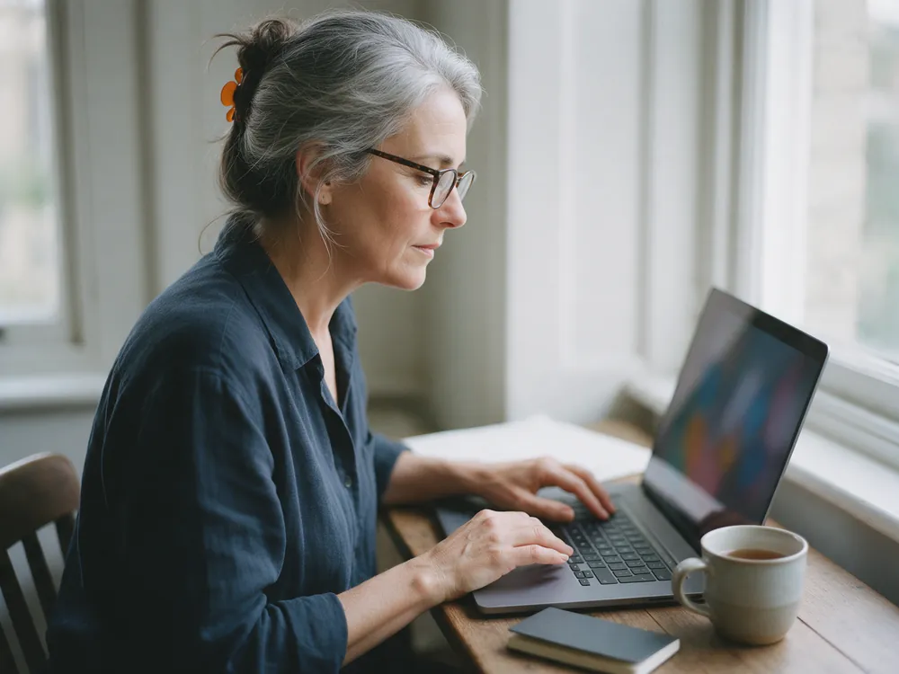 A writer calmly editing a page on her laptop by a window