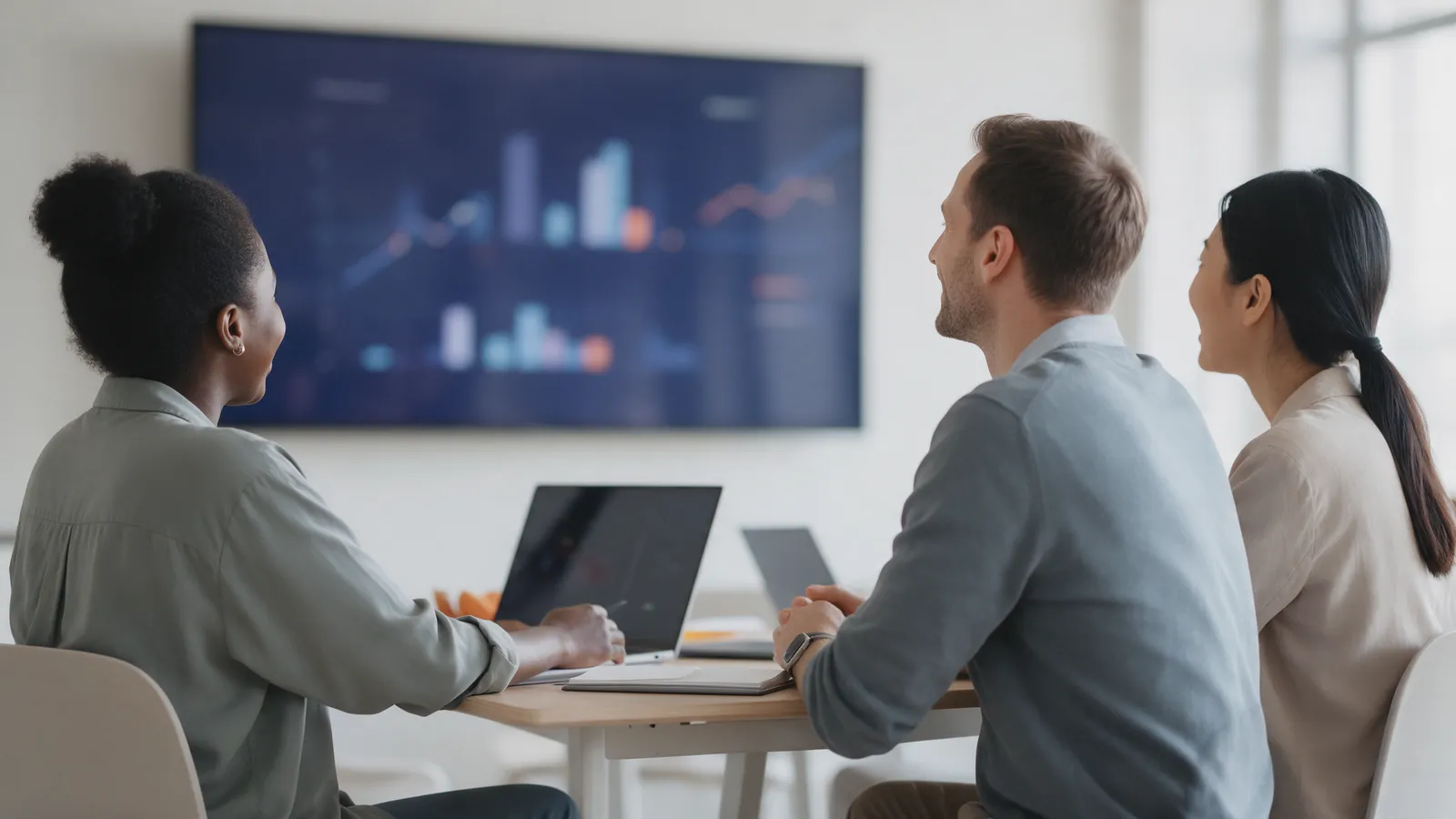 A small agency team in a bright meeting room reviewing charts on a large screen